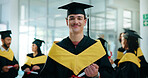 Portrait, students and graduation with man, university and scholarship with celebration. Pride, person or group with degree, ceremony or higher education with milestone, excited or goals with diploma