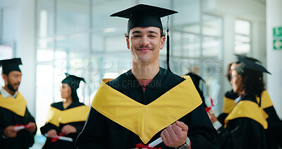 Buy stock photo Portrait, students and graduation with man, university and scholarship with celebration. Pride, person or group with degree, ceremony or higher education with milestone, excited or goals with diploma