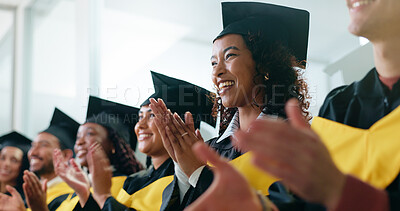 Buy stock photo University, applause and students with celebration, graduation and smile with achievement. People, women and men with success, clapping and cheering with goals, higher education or college with event