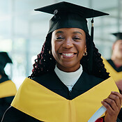 Happy, student and portrait of black woman at graduation with education ...