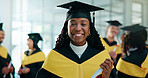Happy, student and portrait of black woman at graduation with education goal, degree or achievement. Smile, university graduate and African female person with college diploma on campus for success.