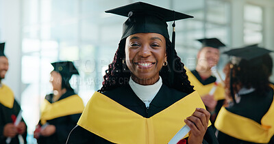 Buy stock photo Happy, student and portrait of black woman at graduation with education goal, degree or achievement. Smile, university graduate and African female person with college diploma on campus for success.