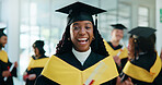 Laugh, student and portrait of woman at graduation with education goal, degree or achievement. Happy, university graduate and female person with certificate for college diploma on campus for success.