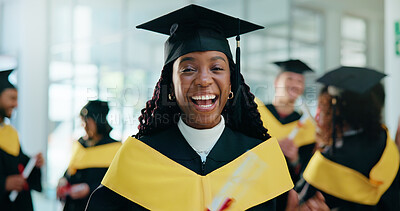 Buy stock photo Laugh, student and portrait of woman at graduation with education goal, degree or achievement. Happy, university graduate and female person with certificate for college diploma on campus for success.