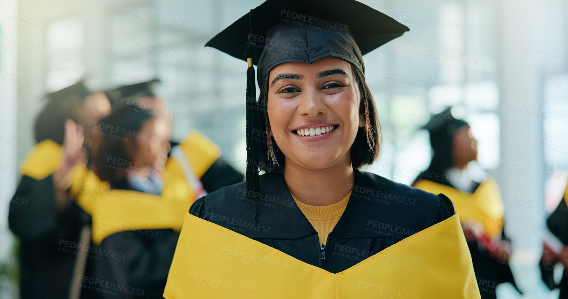 Buy stock photo Smile, student and portrait of woman at graduation with education goal, degree or achievement. Happy, university graduate and female person with pride for college diploma on campus for success.