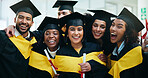 Woman, portrait and friends at college graduation with smile, hug and diploma for education goals. People, students and group with certificate, celebration and excited for achievement at university