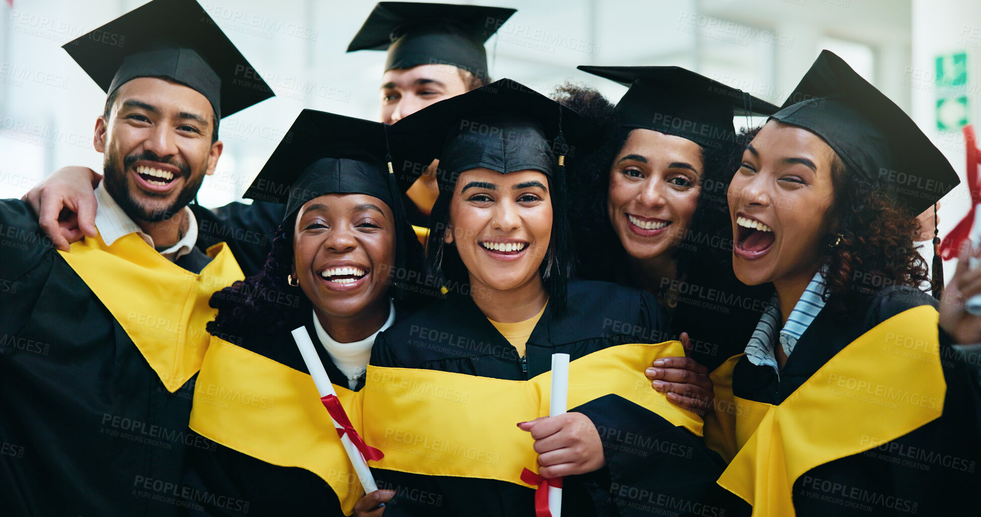 Buy stock photo Woman, portrait and friends at college graduation with smile, hug and diploma for education goals. People, students and group with certificate, celebration and excited for achievement at university