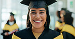 Excited, student and portrait of woman at graduation with education goal, degree or achievement. Happy, university graduate and female person with pride for college diploma on campus for success.