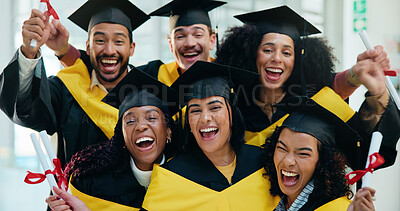 Buy stock photo Girl, celebration and portrait at university graduation with smile, success or goal with education diploma. People, friends and happy with certificate, robes or excited for achievement at college