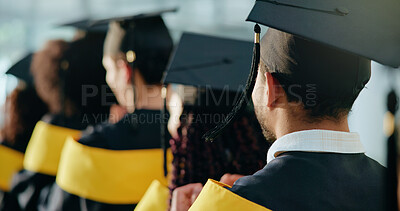 Buy stock photo Back, university and people with success, graduation and education milestone with scholarship. Students, men and women with achievement, knowledge and goals with celebration, opportunity and future