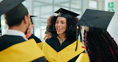 Buy stock photo College, friends and smile with students at graduation for alumni ceremony, achievement and diploma pride. University, masters degree and academy milestone with people on campus for congratulations