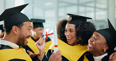 Buy stock photo College, friends and diploma with students at graduation for alumni ceremony, achievement and certificate pride. University, masters degree and academy milestone with people on campus for future
