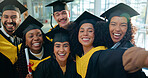 Woman, selfie and friends at college graduation with smile, portrait and diploma for education goals. People, students and happy group with photography, celebration and social network at university