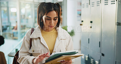 Buy stock photo Student, browsing and woman with tablet, university or research for assignment on website or online. Education, pupil and person with tech for exam preparation, learning and scroll on app in college
