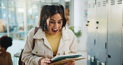 Buy stock photo Woman, student and surprise with tablet at college for results of assignment, exam and assessment. Shocked, female person and digital for online marks, pass test and scholarship funding at university