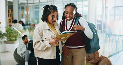 Buy stock photo Women, friends and excited with tablet at college for test results, notification or post on web at campus. People, students and tech with app for social media, announcement and happy at university