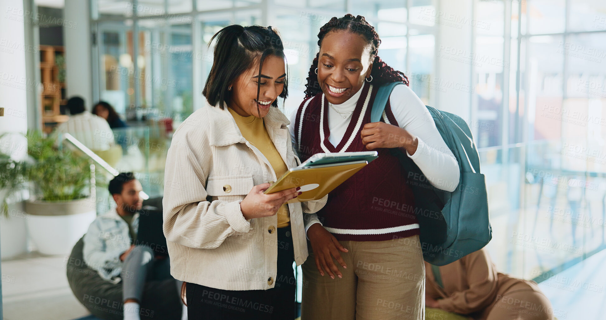 Buy stock photo Women, friends and excited with tablet at college for test results, notification or post on web at campus. People, students and tech with app for social media, announcement and happy at university