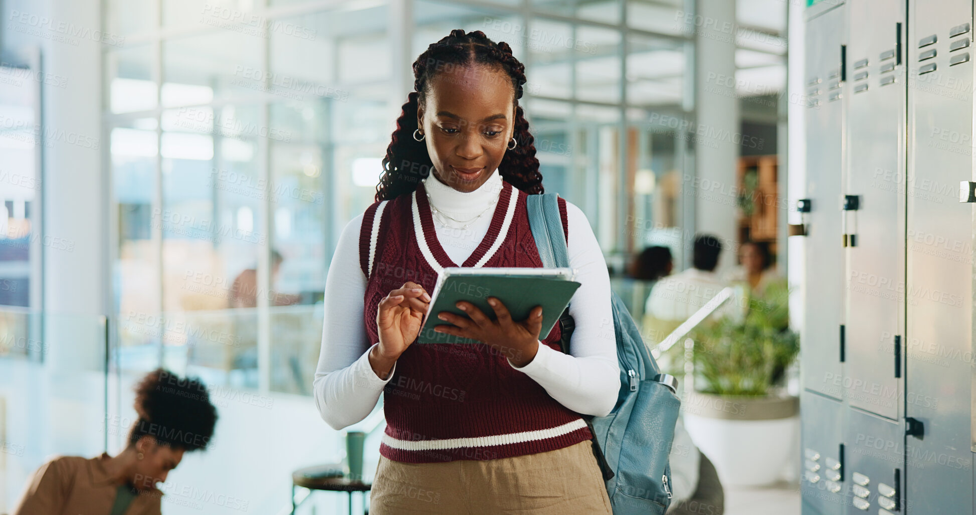 Buy stock photo University, student or woman with tablet, internet or email with test results, scholarship or learning. College, higher education or person with tech, knowledge or achievement with opportunity or app