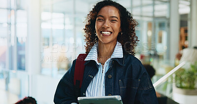 Buy stock photo Tablet, confident and portrait of woman at university with happiness for education with research. Smile, digital technology and female student from Mexico with online studying for exam at college.