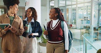 Buy stock photo People, students and walk with tablet at college for research, prepare for exam and study group. Women, friends and project information, online results and education agenda for university assignment