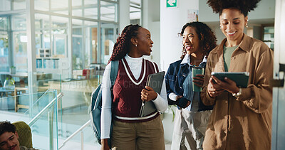 Buy stock photo Women, students and walk with tablet at college for research, prepare for exam and study group. People, friends and project information, online results and education agenda for university assignment
