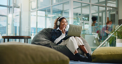 Buy stock photo Laptop, wave and video call with student in college for streaming, online class and study webinar. University, digital course and elearning with person and headphones for virtual lesson and greeting