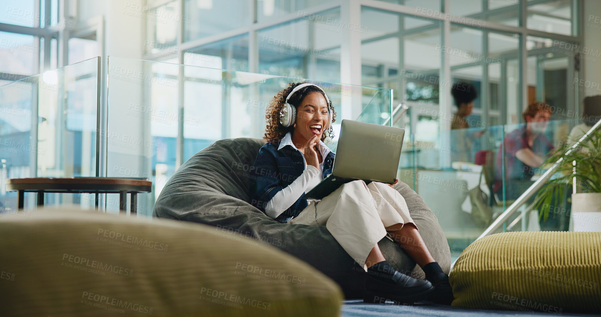 Buy stock photo Laptop, wave and video call with student in college for streaming, online class and study webinar. University, digital course and elearning with person and headphones for virtual lesson and greeting