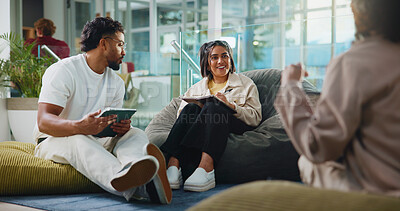 Buy stock photo Talking, support and tablet with students in college for test results, study group or education tutor. University friends, scholarship application and online with people in lounge for exam discussion