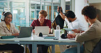 People, students and friends with tech for college, study group and help in cafeteria. Men, woman and talk with laptop, scholarship and assignment research for university project or online learning