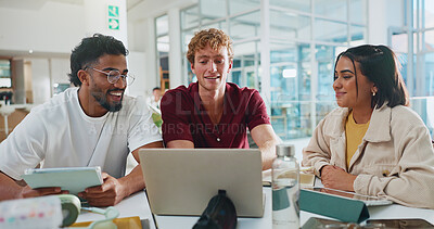 Buy stock photo Students, college and study group with laptop on campus for peer learning, education or scholarship. University, people or happy with tech for tutorial assignment, thesis planning or exam preparation