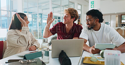 Buy stock photo High five, study group and laptop with students in college for test results, friends and education tutor. University success, scholarship support and online with people in lounge for exam target