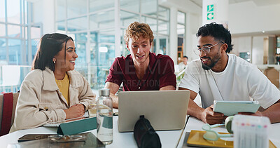 Buy stock photo People, college and study group with laptop on campus for peer learning, education or scholarship. University, students or happy with tech for tutorial assignment, thesis planning or exam preparation