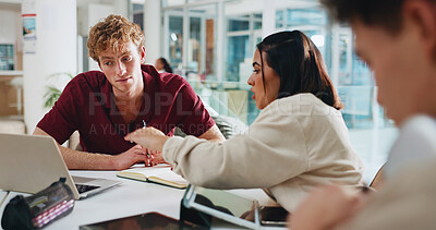 Buy stock photo People, students and friends with help for college, study group and tech in cafeteria. Men, woman and talk with laptop, scholarship and assignment research for university project or online learning