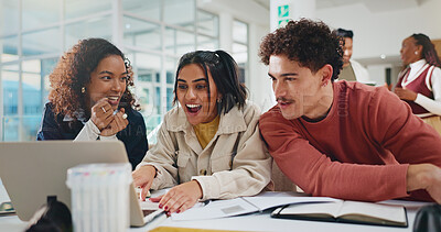 Buy stock photo People, students and surprise with laptop at college for assignment results, exam and assessment. Group, friends and shocked with pc for online mark, pass test and scholarship funding at university