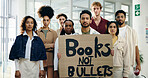 Protest, poster and awareness with portrait of students for school shooting, support and justice. Community, gun violence and revolution with people and sign for peace, honor and memory of victims