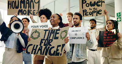 Buy stock photo Awareness, protest and people with megaphone, opinion or community with movement for social justice. Revolution, group and loudspeaker for announcement of human rights, attention and demonstration