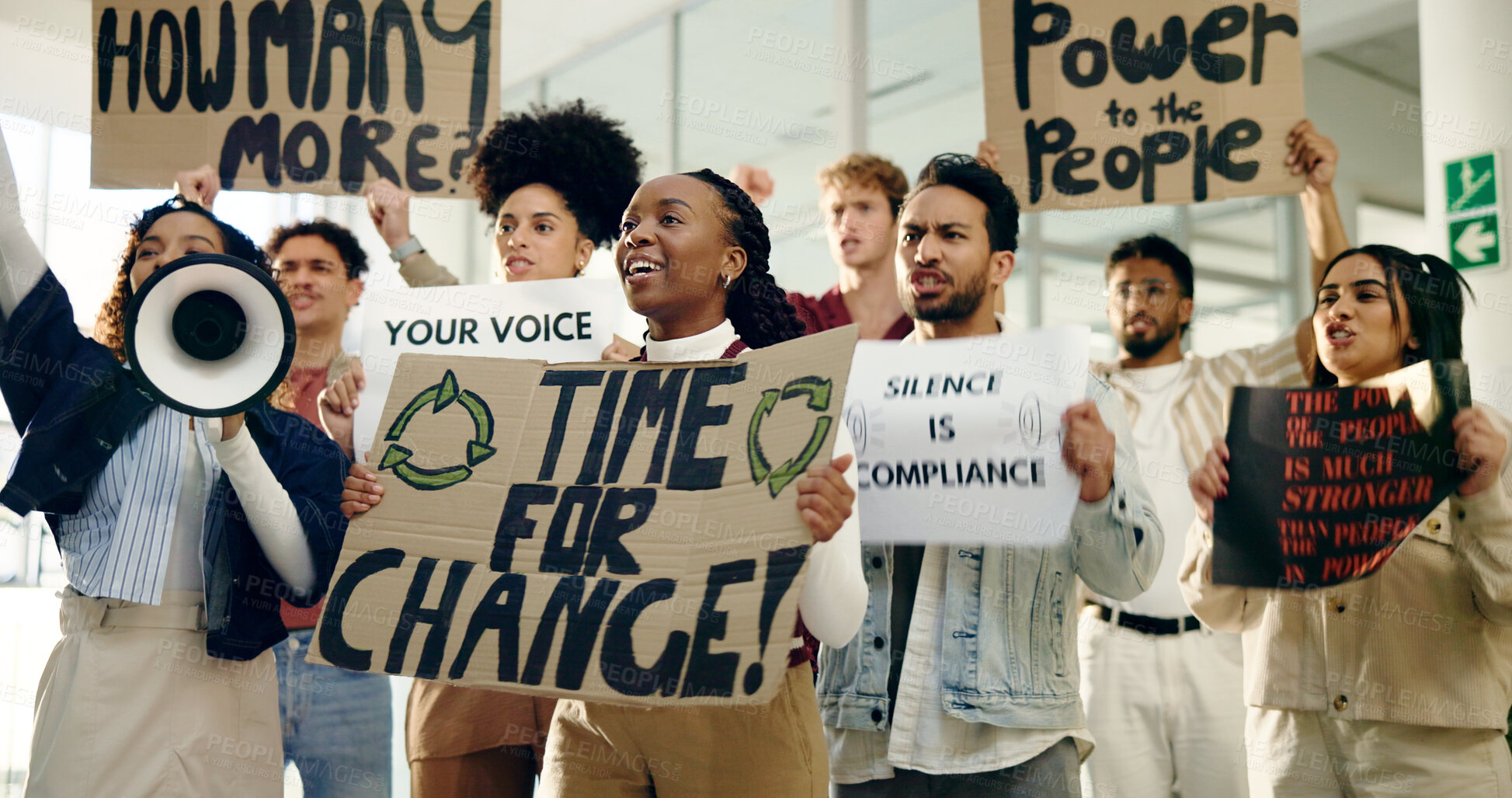 Buy stock photo Awareness, protest and people with megaphone, opinion or community with movement for social justice. Revolution, group and loudspeaker for announcement of human rights, attention and demonstration