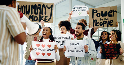 Buy stock photo Social justice, protest and people with movement, opinion or community with megaphone for awareness. Revolution, group and loudspeaker for announcement of human rights, attention and demonstration