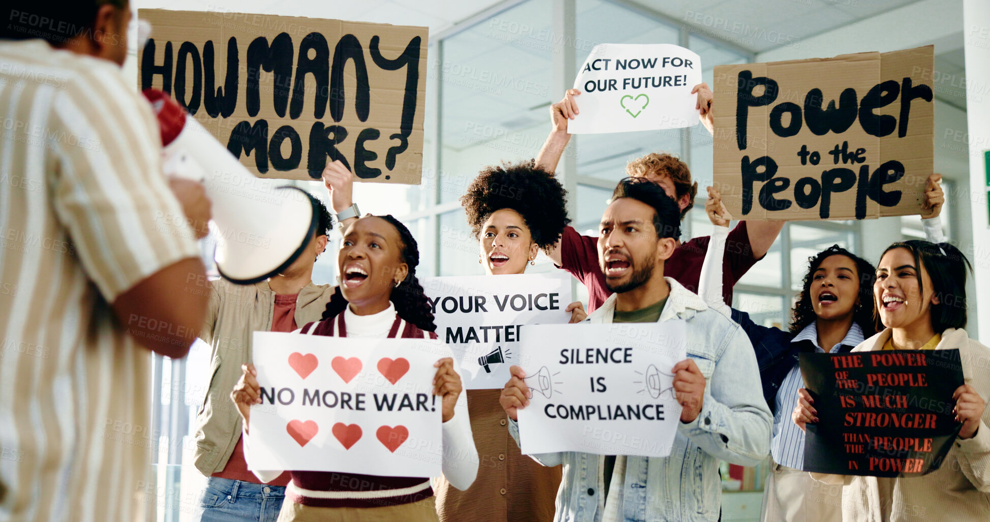 Buy stock photo Social justice, protest and people with movement, opinion or community with megaphone for awareness. Revolution, group and loudspeaker for announcement of human rights, attention and demonstration