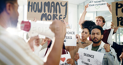 Buy stock photo Megaphone, protest and group with poster, human rights or awareness for social justice or community. Revolution, people and loudspeaker for announcement of ethics, attention or demonstration or rally