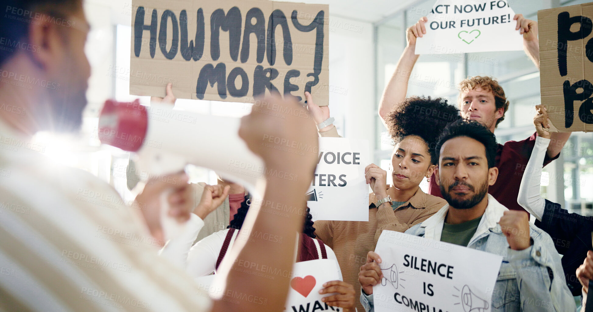 Buy stock photo Megaphone, protest and group with poster, human rights or awareness for social justice or community. Revolution, people and loudspeaker for announcement of ethics, attention or demonstration or rally