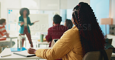 Buy stock photo Back, professor and lecture with students in classroom for college, learning and lesson notes. University, education and teaching with people on campus for assignment research and curriculum