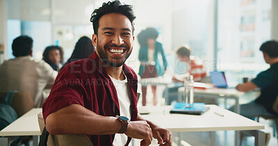 Buy stock photo Portrait, students and man with education, university and smile with learning, academy and development. Happy person, group or scholarship with college, growth and knowledge with studying opportunity