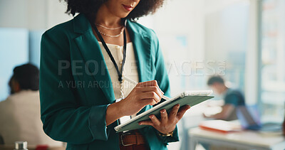 Buy stock photo Education, professor and hands with tablet, online and update of schedule with stylus and classroom. Research, lesson and planning for curriculum on app, lecturer or person with tech in university