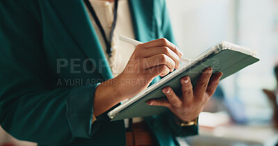 Buy stock photo Creative, editing and hands with tablet in business, graphic designer and stylus for brand identity. Online, illustration and person with tech for web design, artist and employee with app in office