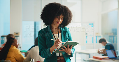 Buy stock photo Woman, lecturer and students with tablet in class for education, learning and knowledge. Teacher, people and exam prep for lesson, scholarship and writing advice with project schedule at university