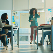 University, questions and education with students, woman and feedback ...