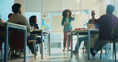 Buy stock photo University, questions and education with students, woman and feedback with conversation. People, answer and teacher with discussion, college and learning with knowledge, exam schedule and development