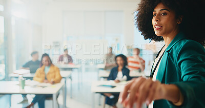 Buy stock photo Teaching, students and woman in university classroom for lecture, knowledge or presentation. College teacher, learning and people in lesson with professor for development, info or study for education