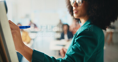 Buy stock photo Hands, students or lecturer writing on board for education, explain coursework and study support. College, people or curriculum discussion in class for learning, exam preparation or academic revision